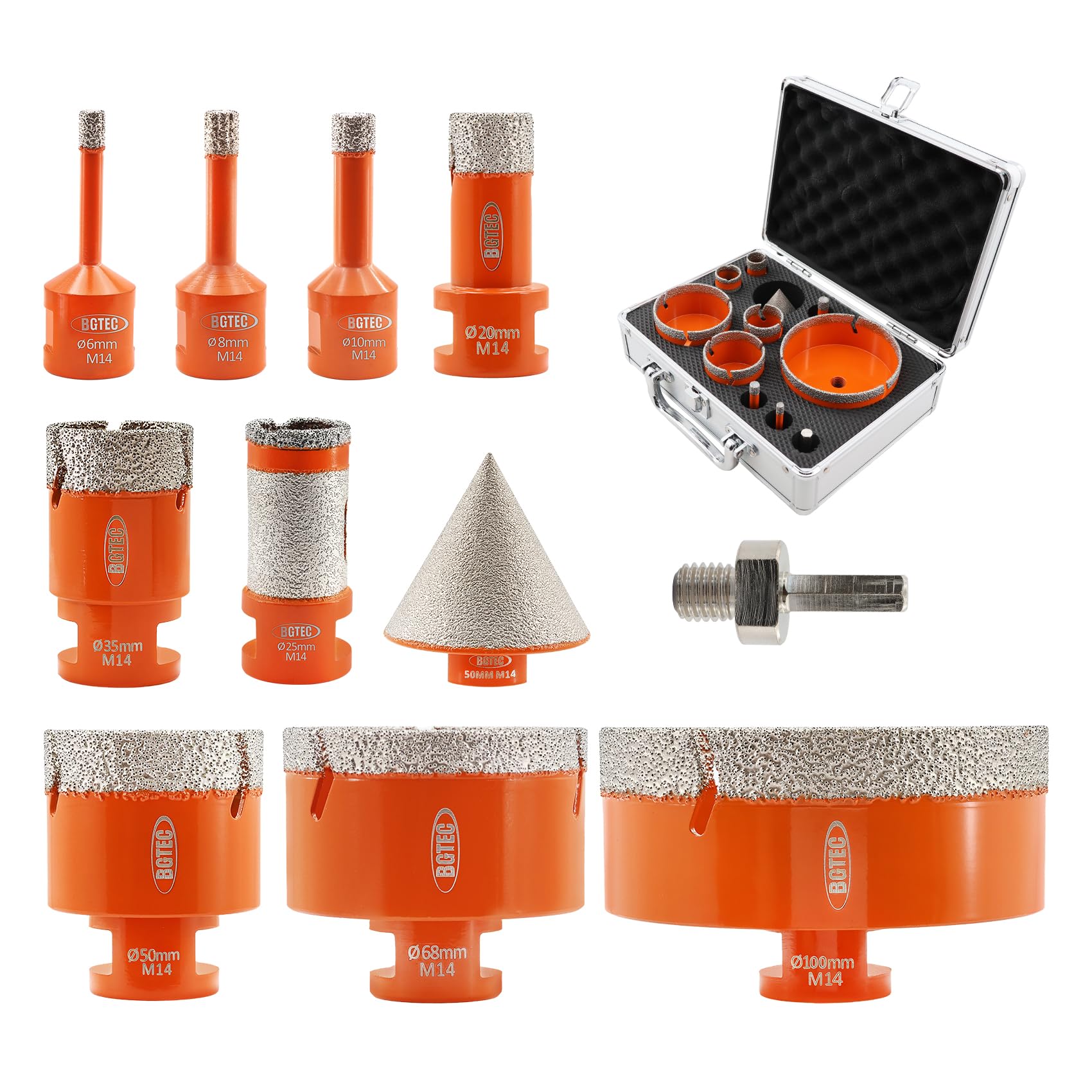 BGTEC Diamond Core Drill Bit Set - 6/8/10/20/25/35/50/68/100mm M14 Diamond Hole Saw Kit & 50mm Chamfer Bit for Tile Porcelain Stoneware Ceramic Marble Granite, Total 11PCS
