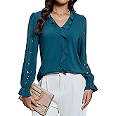 Blooming Jelly Womens Dressy Casual Blouses Business Work Tops Eyelet Long Sleeve Shirts Ruffle V Neck Fall Outfits