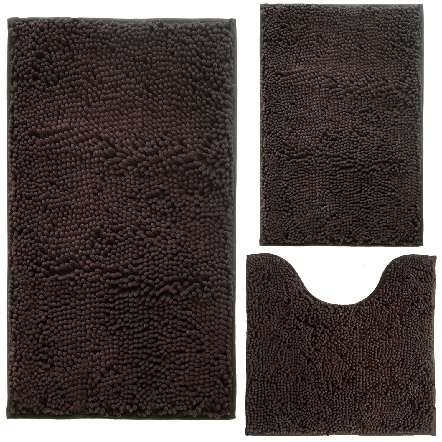 Photo 1 of Bathroom Rugs Chenille 3-Piece Extra Soft and Absorbent Shag Bathroom Rugs, Machine Wash Mat, Strong PVC Non-Slip Underside, Plush Carpet Mats (Coffee)