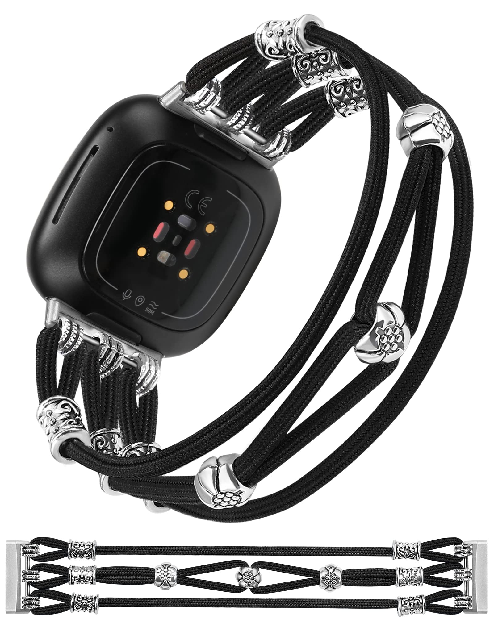 Wearlizer Beaded Bracelet Strap for Women, Handmade Elastic Nylon Stretchy Solo Loop Boho Cute Replacement Watch Band 4, M(6.1''-6.5''), Black-for Versa 4/Versa 3/Sense 2/Sense