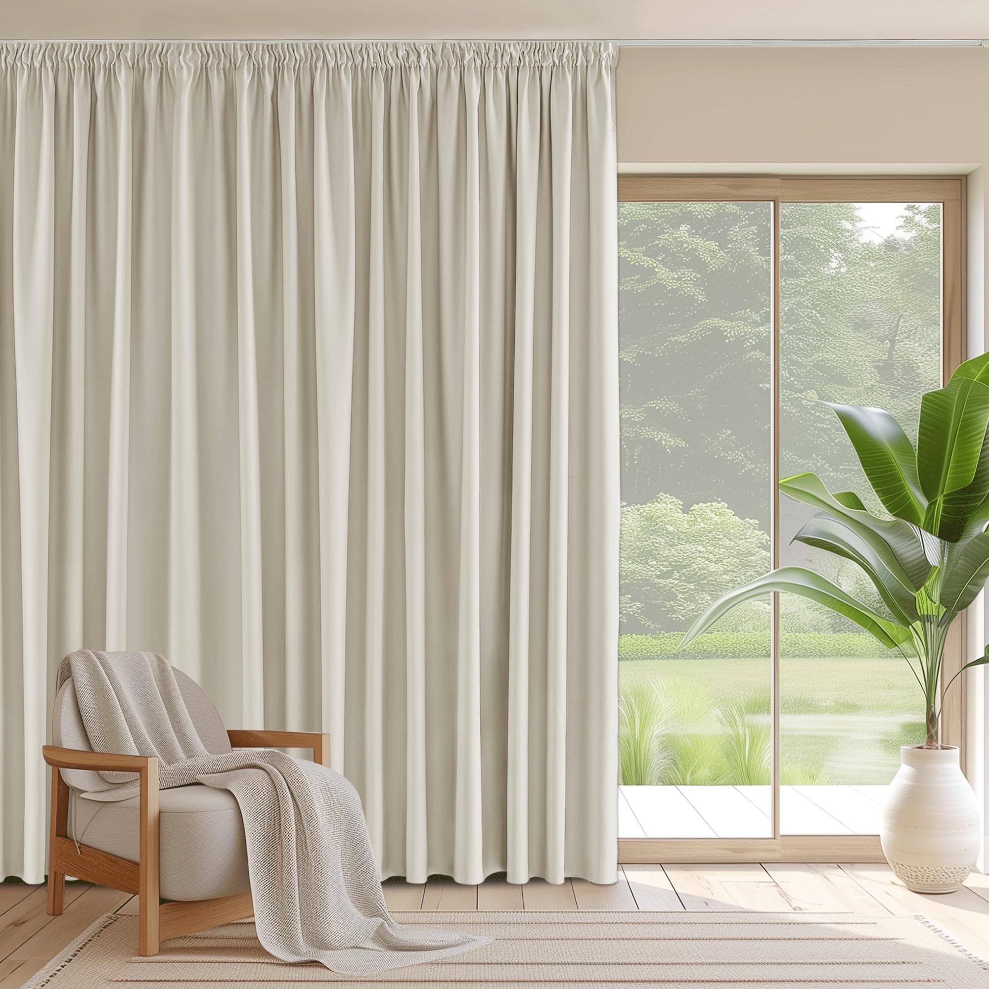 PONY DANCE Room Divider Curtain for Hotel Bedroom - Extra Wide Pencil Pleat Thermal Curtain Super Soft Energy Saving Extra Long Noise Reduce Drape, 1 Panel, 110 x 96 Inch, Light Beige
