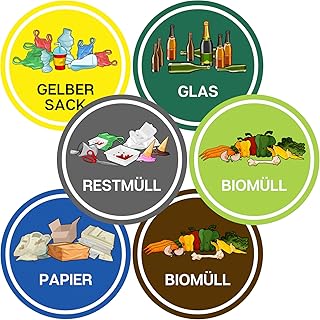 Aufkleber Mülltonne für Mülltrennung (6er Set - 9,5cm - Rund) - Kinder Freundliche Motive (Gelber Sack, Altglas, Altpapier, Restmüll, Biomüll) - UV-Schutz für Innen und Außen - Vorgestanzt - V4