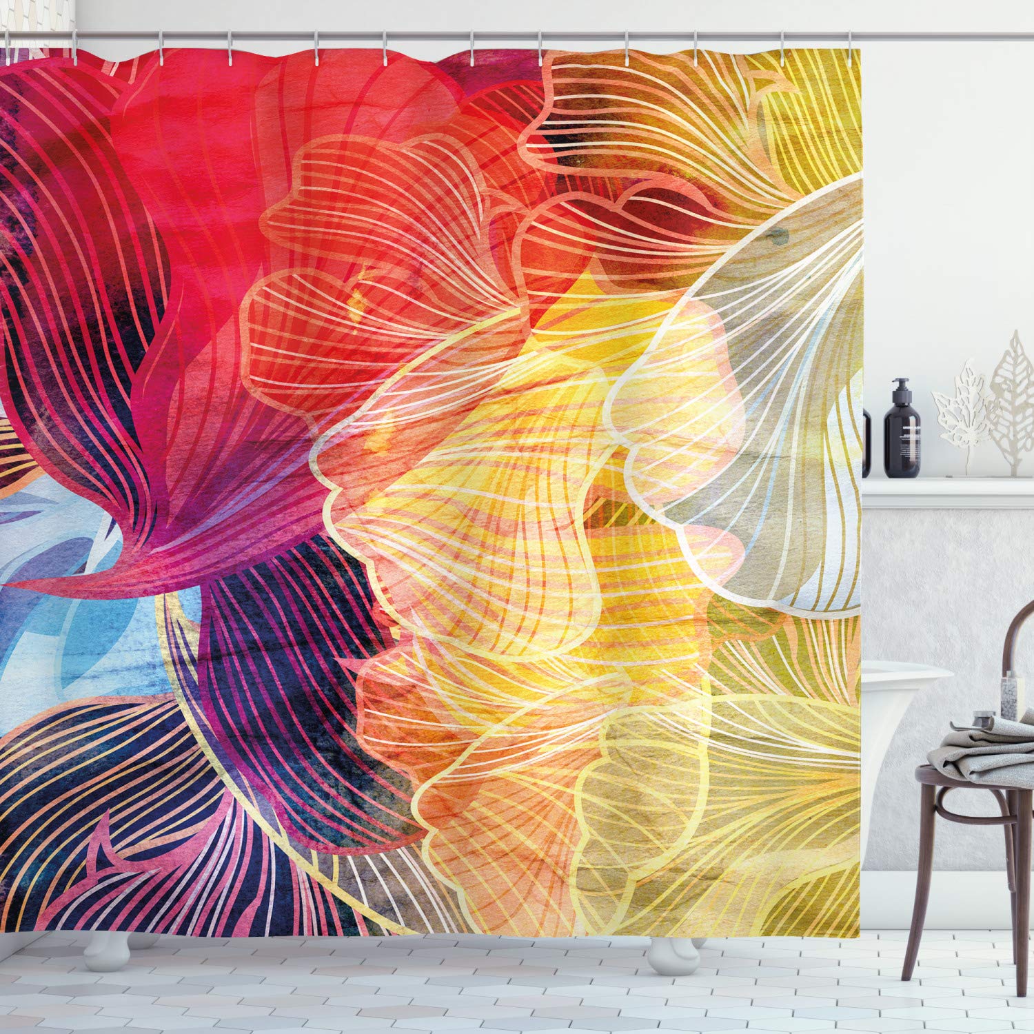 ABAKUHAUS Retro Shower Curtain, Abstract Watercolor Artwork Elements Natural Waved Creative Composition, Cloth Fabric Bathroom Decor Set with Hooks, 78" Inches, Yellow Dark Coral