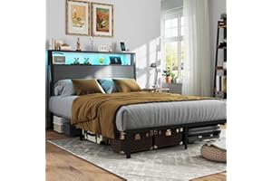 RVONOW Queen Size Bed Frame with Headboard, Metal Platform Bed Frame with LED Lights & Charging Station, Under Bed Storage, Solid and Stable, No Box Spring Needed, Noise Free, Easy Assembly, Dark Grey