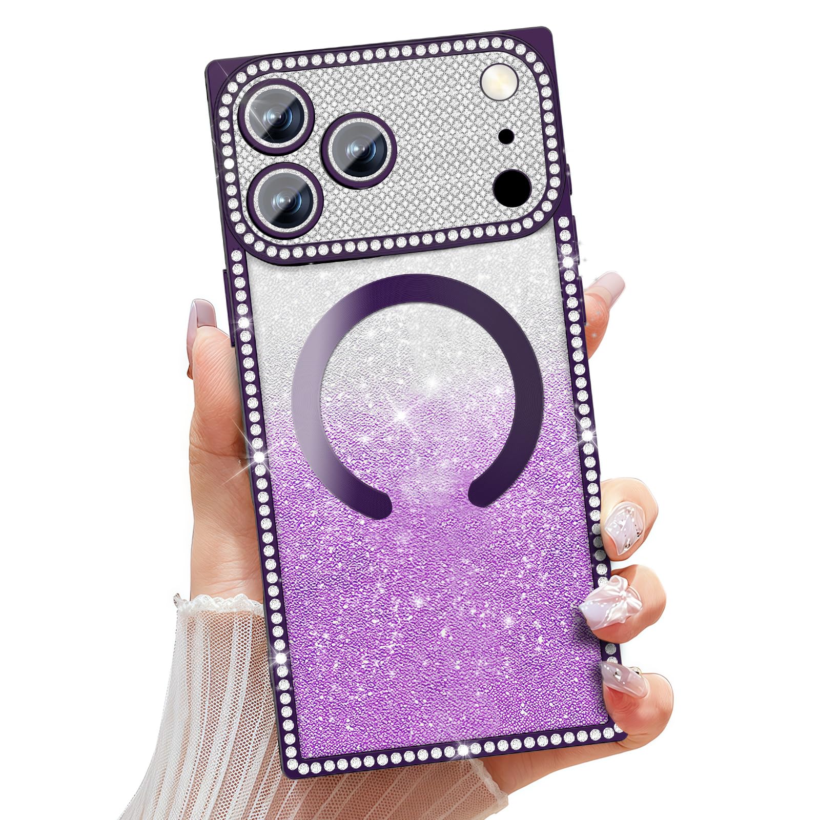 Photo 1 of Misscase Magnetic Glitter Case for iPhone 17 Pro 6.3 Inch, Camera Protection, Compatible with MagSafe, Rectangle Cute Bling Sparkle Diamond Colorful Phone Cover, Drop-Tested & Shockproof-Purple