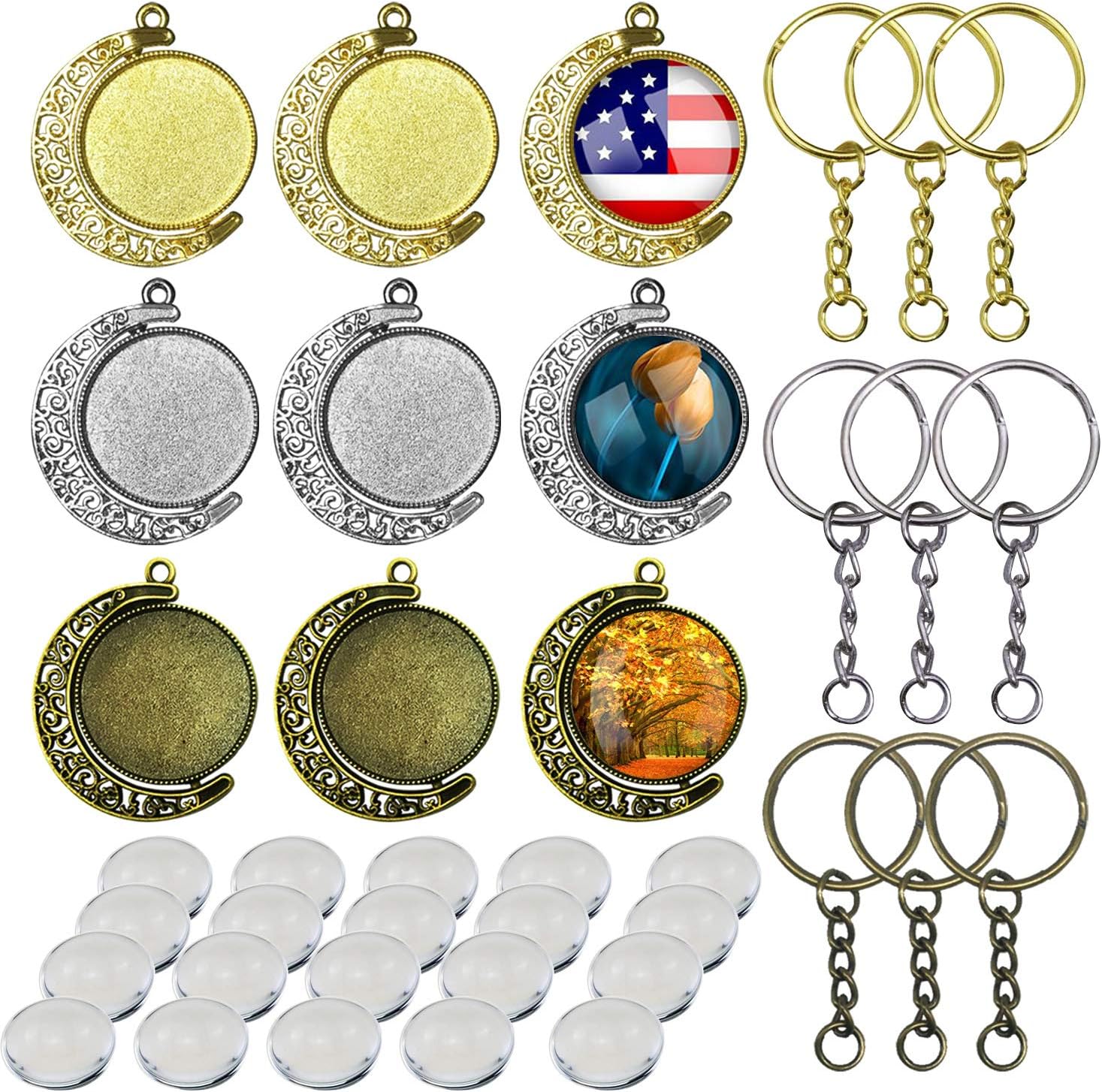 36 PCS Pendant Trays Kit, Seasonsky 25 MM 9 PCS Moon Rotation Double Side Round Blank Bezel Pendant Trays, 18 PCS Glass Dome Tiles Clear Cameo and 9 PCS Pendant Buckle for Jewelry Making