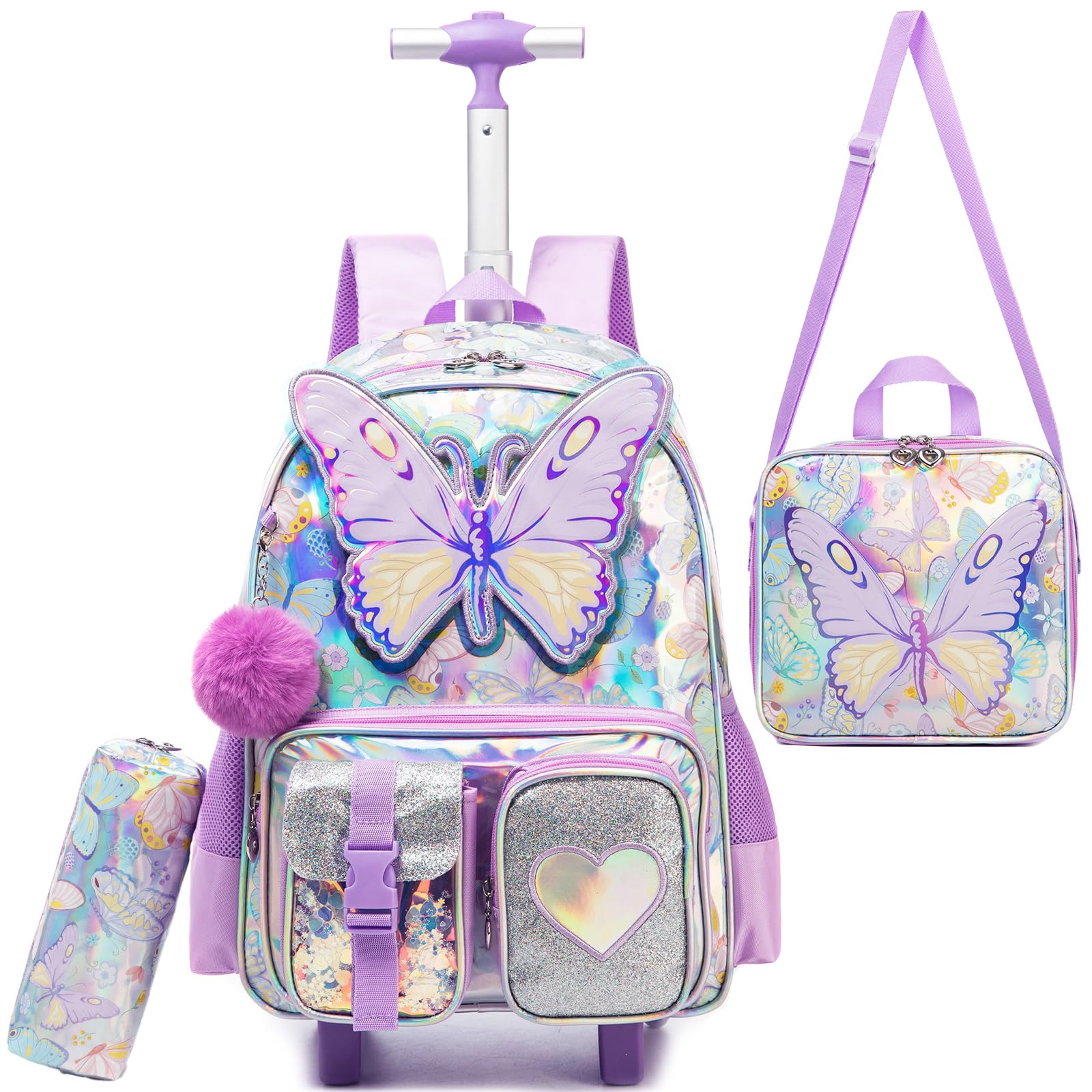 Photo 1 of ***ONE STRAP BROKEN***ZBAOGTW Butterfly Rolling Backpack for Girls 8-12 Kids Rolling Backpack for School Backpacks for Girls with Lunch Box Schoolbag for Elementary Primary