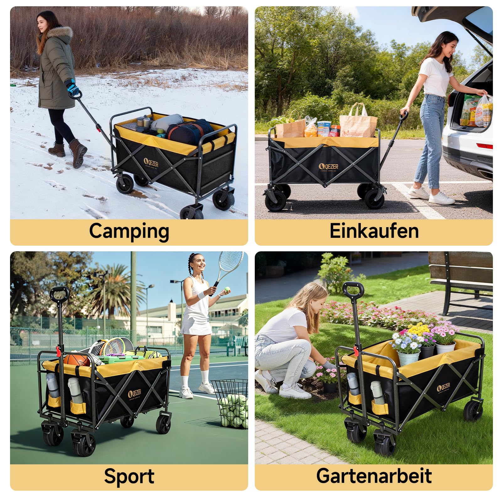 QEZER Bollerwagen faltbar,Tragfähigkeit 210 kg, Multifunktionaler Faltwagen mit geländegängigen Rädern, tragbar für Camping, Garten, Einkaufen und Strand 7
