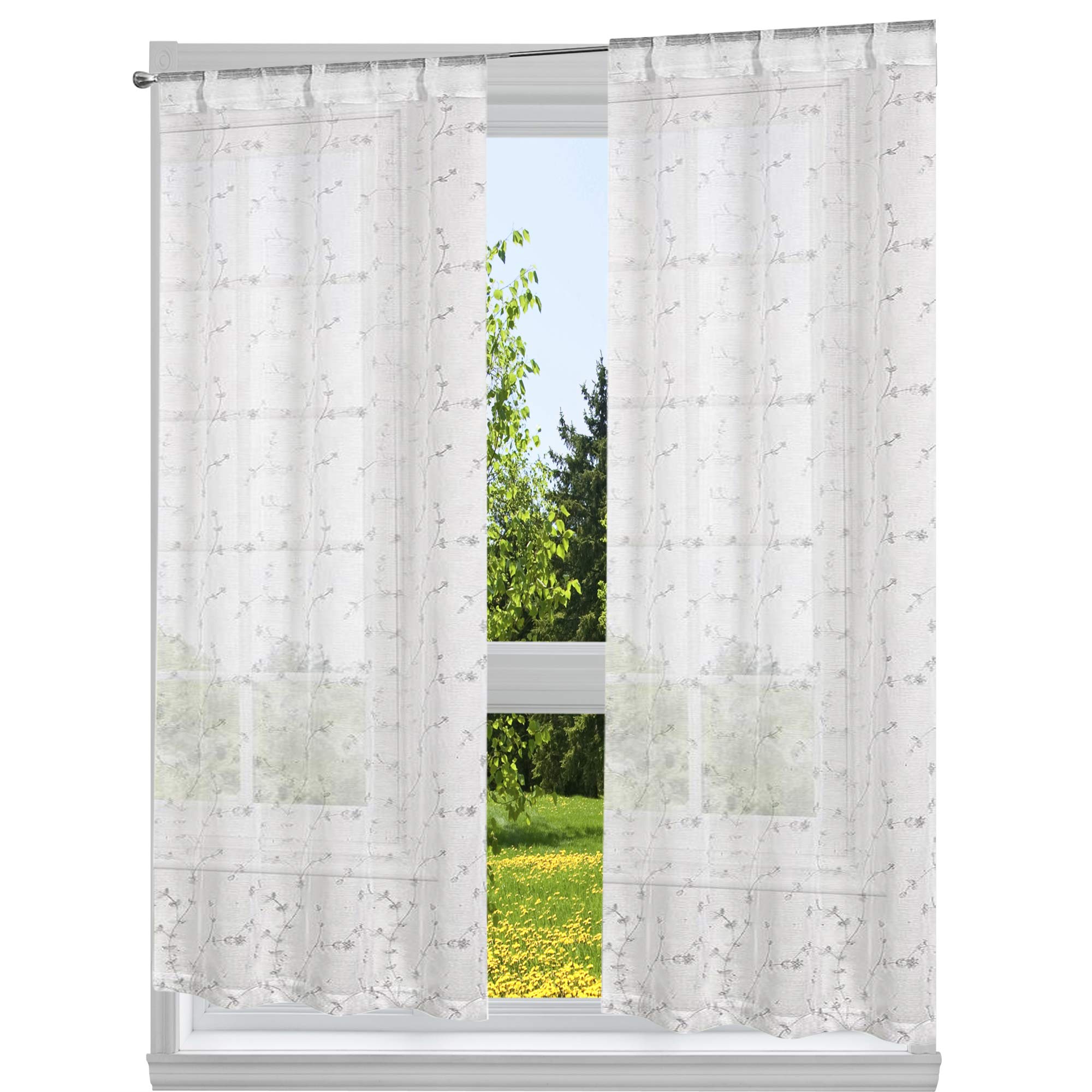 Home Maison Floral Embroided Window Curtain Set, Cotton, White, 38x84