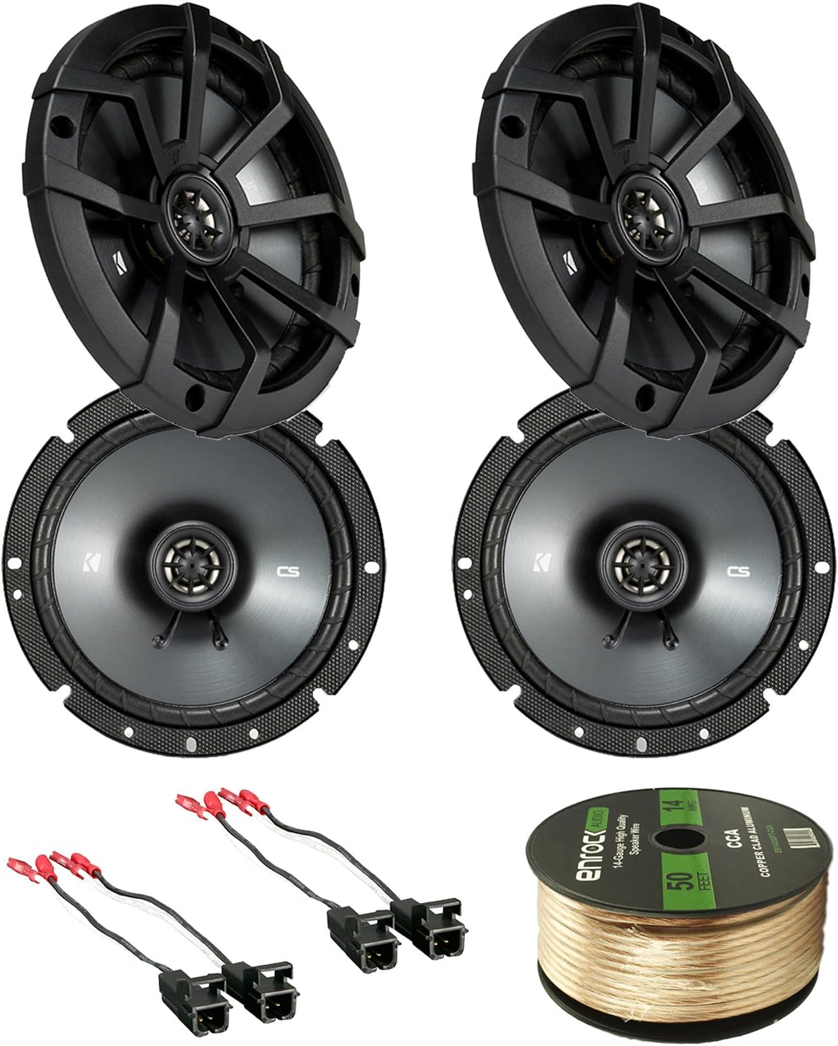 Car Speaker Set Combo of 4 x Kicker 43CSC6746-3/4" 600 Watt CS-Series Black Car Speakers, 2 X Metra 72-4568 Speaker Wire Harness for Select GM Vehicles, Enrock Audio 14 AWG Gauge 50 Ft Speaker Wire