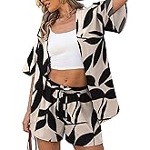 VERABENDI 2 Piece Tropical Print Beach Cover Up Set – Kimono Top & Elastic Waist Shorts, Vacation Outfits for Cruise Resort