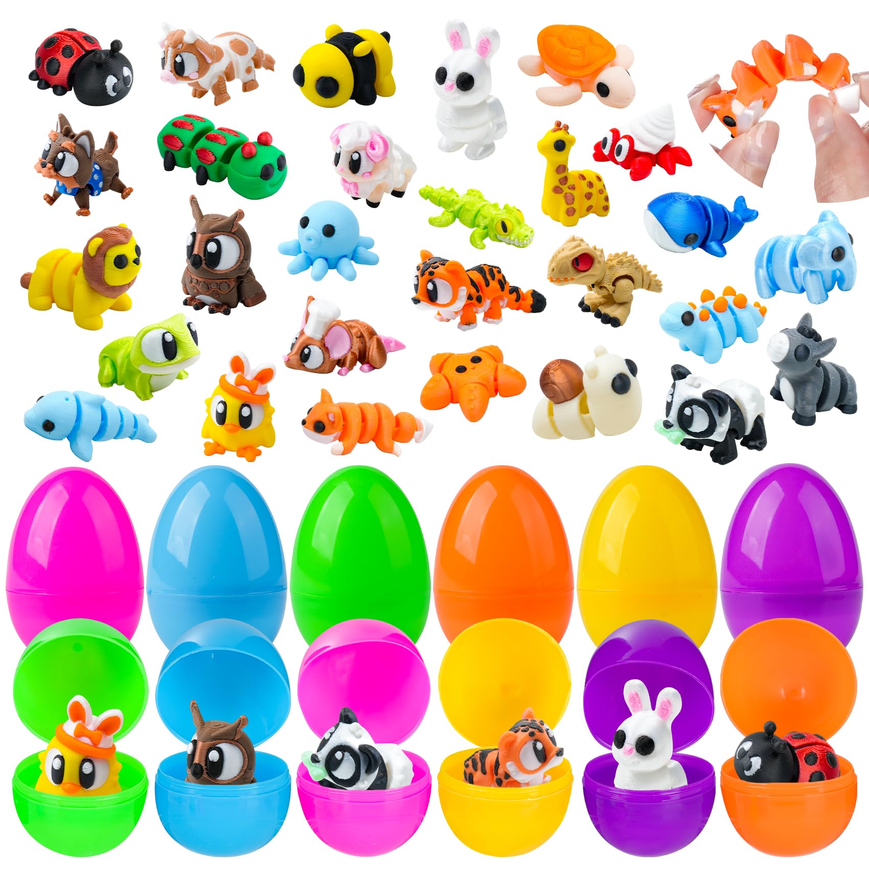 Easter Basket Stuffers Essentials for Toddler, 28 Pack Prefilled Easter Eggs Filled with 3D Printed Animals Toys Inside, Easter Egg Fillers Easter Gifts for Kids Party Favors