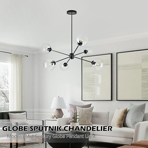 KOKO&YUKINA 6-LIGHT GLOBE SPUTNIK CHANDELIER MODERN BLACK SPUTNIK CHANDELIER MID CENTURY PENDANT LIGHT MATTE BLACK FINISHED WITH CLEAR GLOBE GLASS LAMPSHADE CHANDELIERS FOR DINING ROOM KITCHEN BEDROOM
