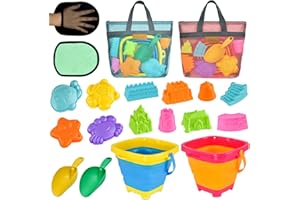 Aclarastra Collapsible Beach Sand Toys for Kids - Travel Beach Toys with 2 Collapsible Beach Buckets, Mesh Bags, Sand Castle Molds, Sand Bucket Shovel Set Sandbox Toy for Kid Toddler 3-5-7
