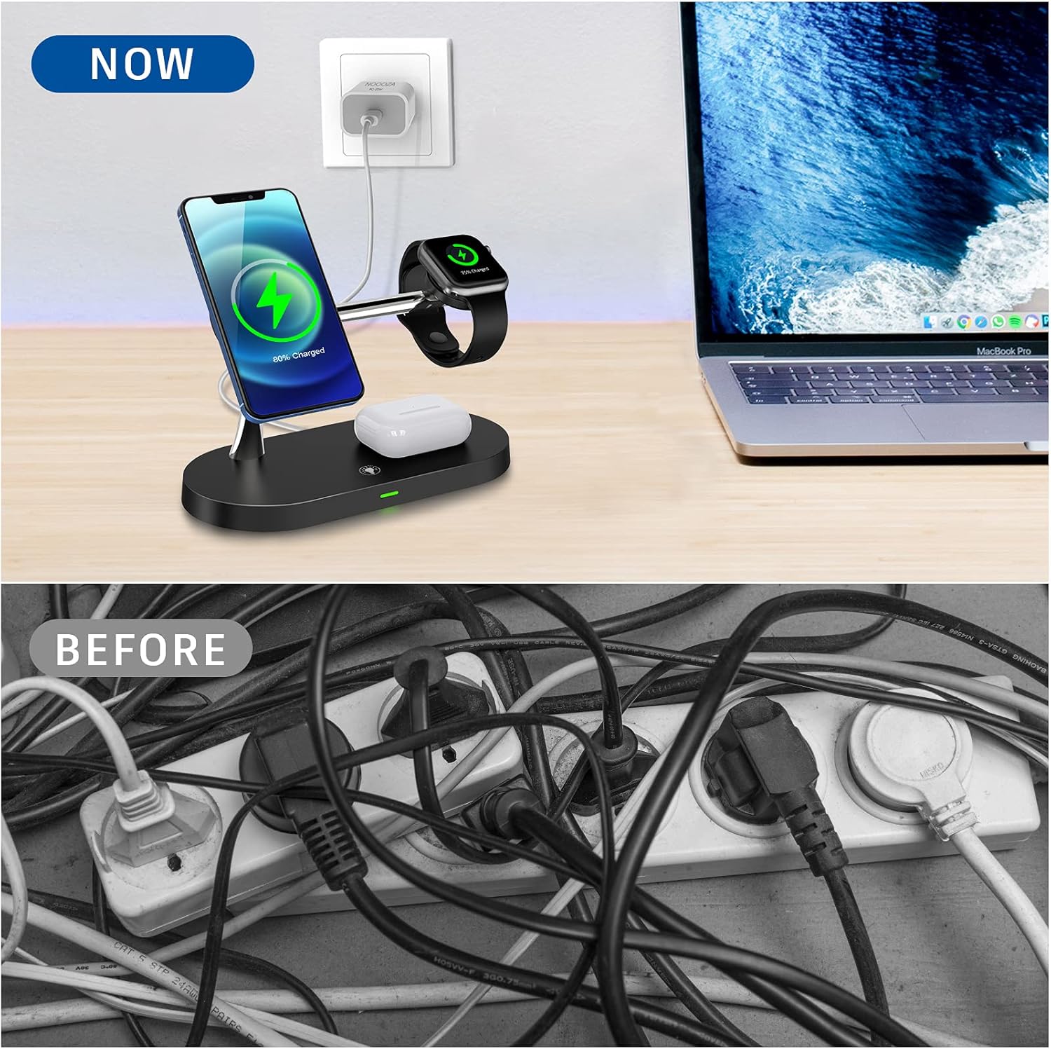 NOOOZA 3 in 1 Magnetic Wireless Charger Fast Charging Station Dock with 20 W QC3.0 Adapter Compatible with iPhone 12/12 Pro Max/Mini/AirPods Pro/AirPods 2 Magsafe Case iwatch Series, Black: Electronics