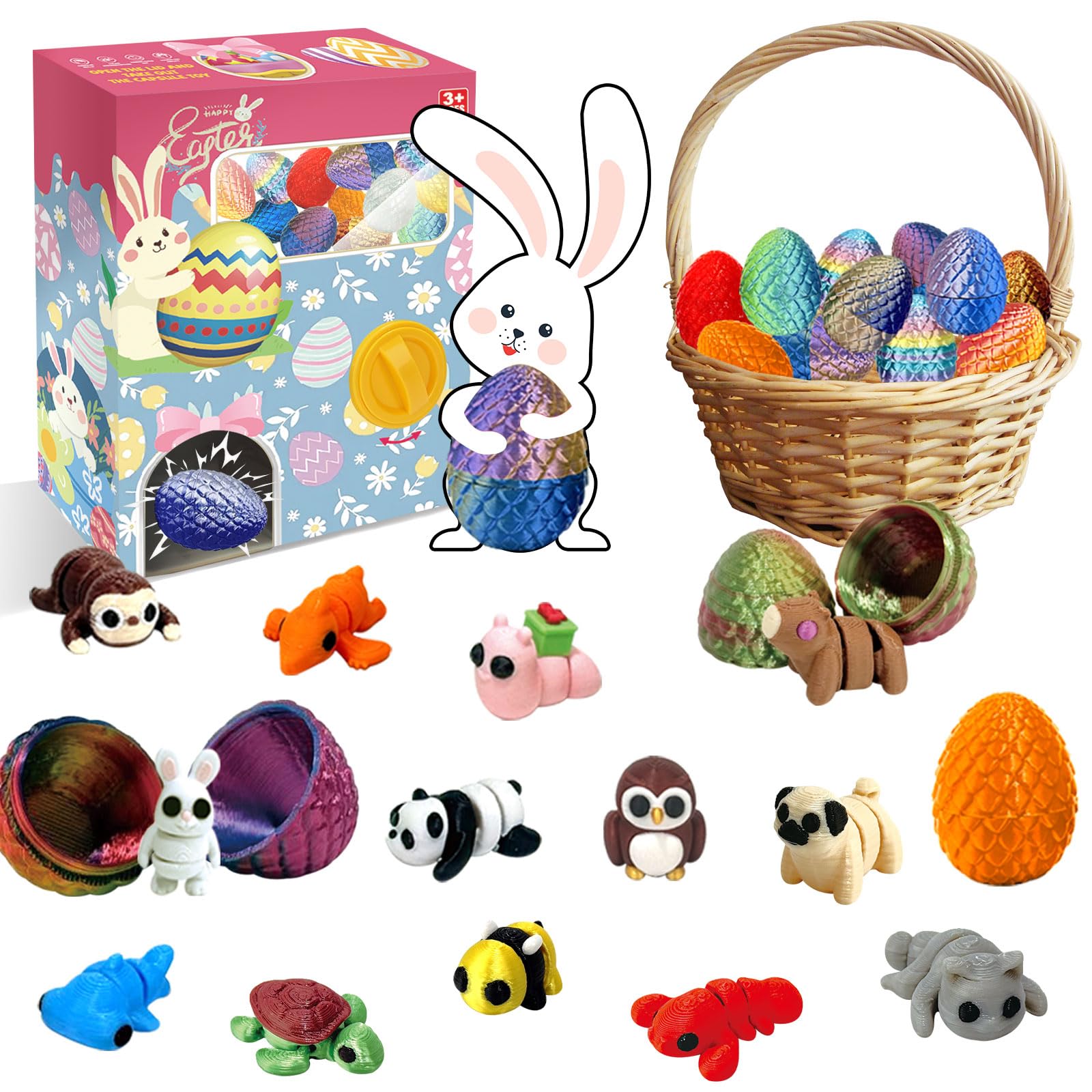 Prefilled Easter Eggs - 24pcs 3D Printed Easter Eggs with 3D Printed Articulated Animals for Easter Party Gifts,Party Favors & Basket Stuffers