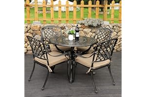 Sumshadow 5-Piece Cast Aluminum Outdoor Patio Dining Set, All Weather Cast Aluminum Outdoor Furniture Dining Set for Patio, Balcony, Lawn, Garden, Backyard w/4 Chairs and Cushions, 2.0" Umbrella Hole