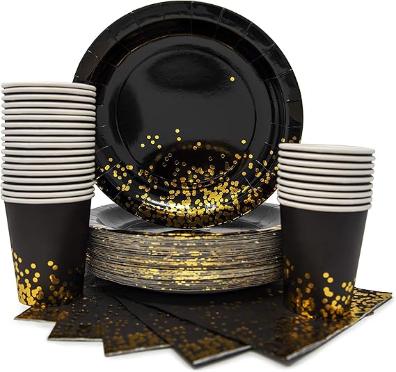 Party Chic Black and Gold Plates Cups and Napkins Set for