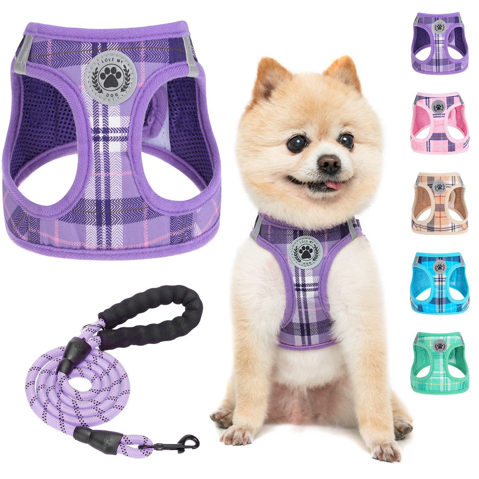 BEAUTYZOO Step in No Chock No Pull Soft Mesh Dog Harness and Leash Set, Reflective for Extra-Small/Small Puppy Dogs and Cats, Plaid Dog Vest Harness for XS/S Pets, Purple