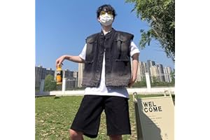 Men's Washed Denim Vest Sleeveless Jacket Distressed Raw Edge Stand Collar Button Front Four Pockets Casual Outerwear