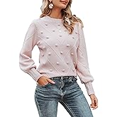 Miessial Women's Fall Crew Neck Pullover Sweater Cute Long Puff Sleeve Chunky Knit Sweater Pompom Jumper Top
