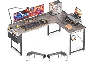 Casaottima L Shaped Computer Desk with Storage Bag, 57.5 Inch Reversible Gaming Desk, Home Office Corner Desk with Monitor Shelf, Space-Saving Writing Workstation Table, Easy to Assemble, Grey Oak