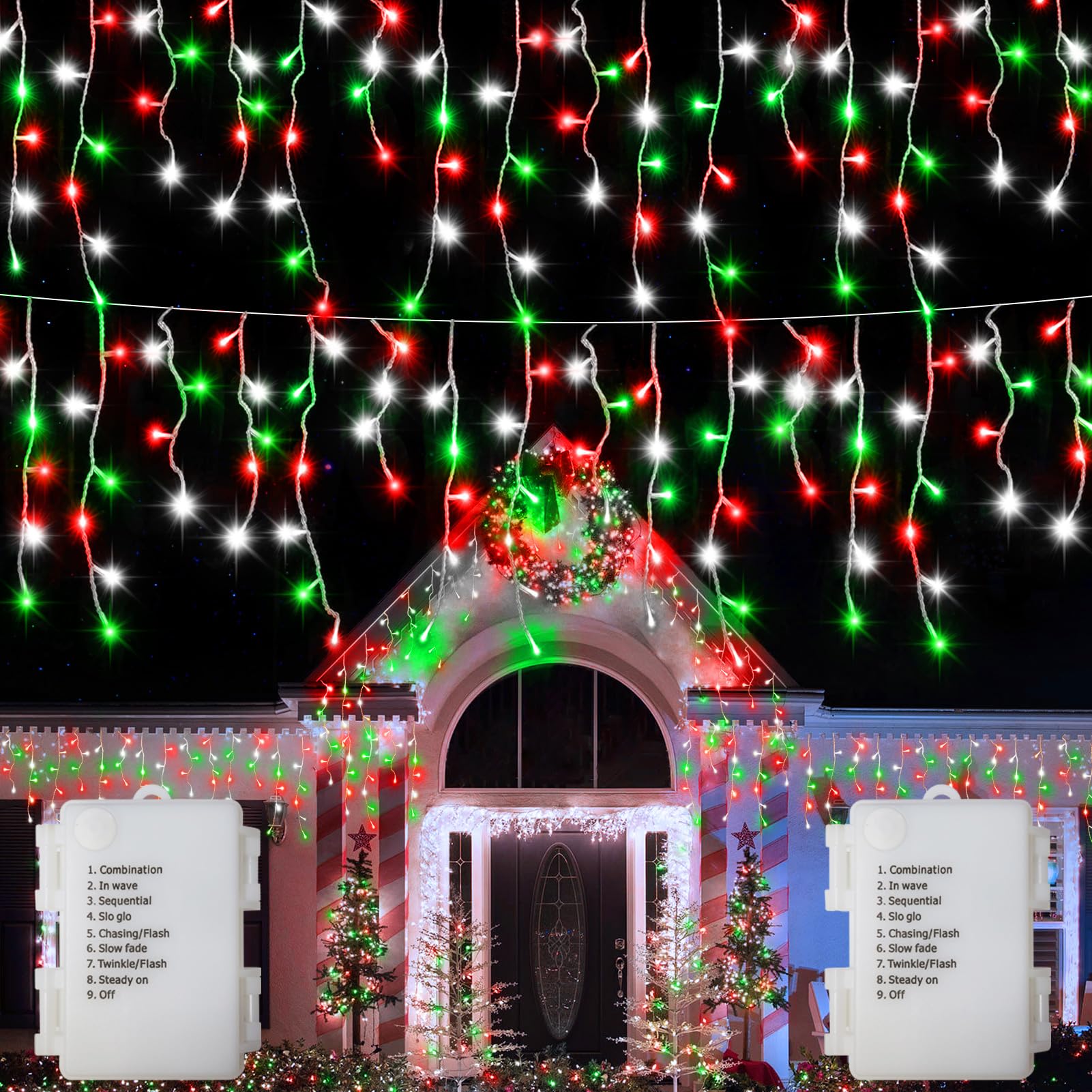 Photo 1 of 2 Pack Red White Green Christmas Icicle Lights Battery Operated, Total 204 LED Twinkle Icicle Lights 20Ft Clear Wire with 8 Lighting Modes Timer Function for Outdoor Indoor House Party Decoration