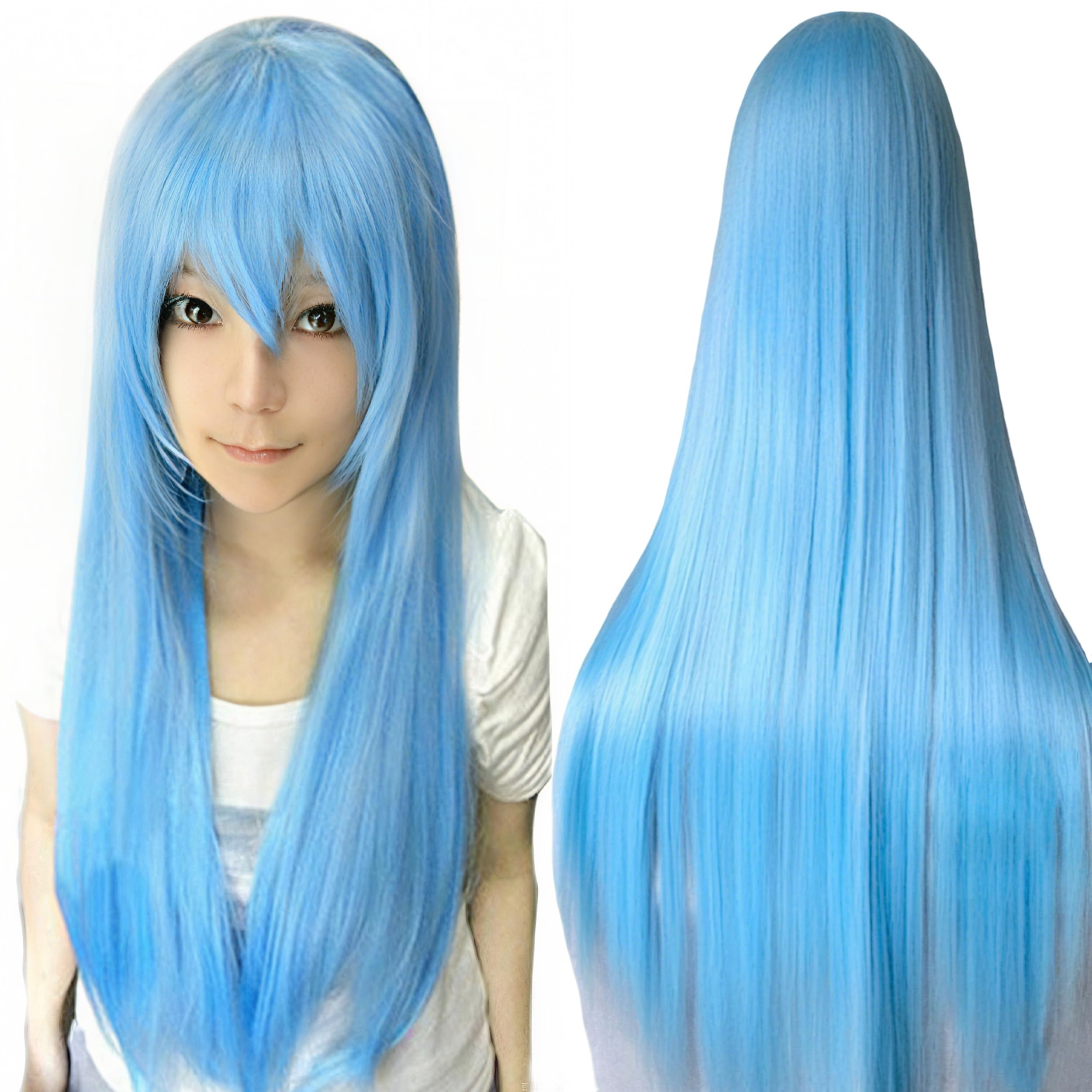 IMISSU 80cm Long Straight Natural Hair Cosplay Wigs with Bangs Colorful Halloween Costume Party Wig for Women (Sky Blue)