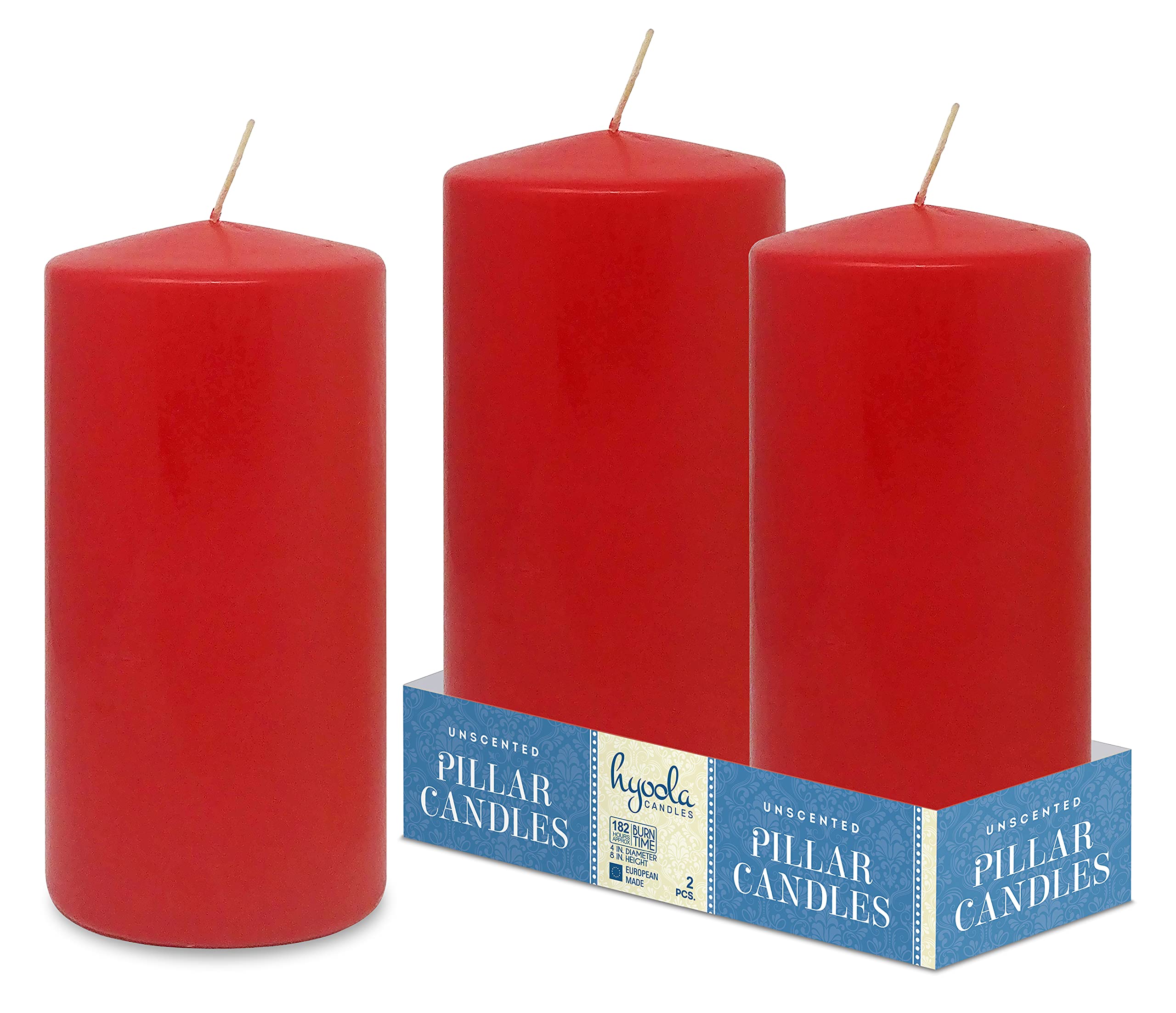 Hyoola Red Pillar Candles 100/200 mm (4 x 8 Inch) - 2 Pack Unscented Pillar Candle Set - European Made