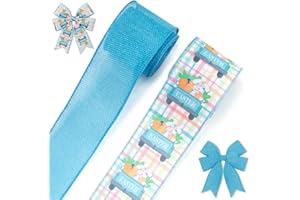 Threetols 2 Rolls 10 Yards Easter Wired Edge Ribbons, 2.5inch Blue Truck Bunny Carrot Burlap Ribbon, Colorful Buffalo Plaid R