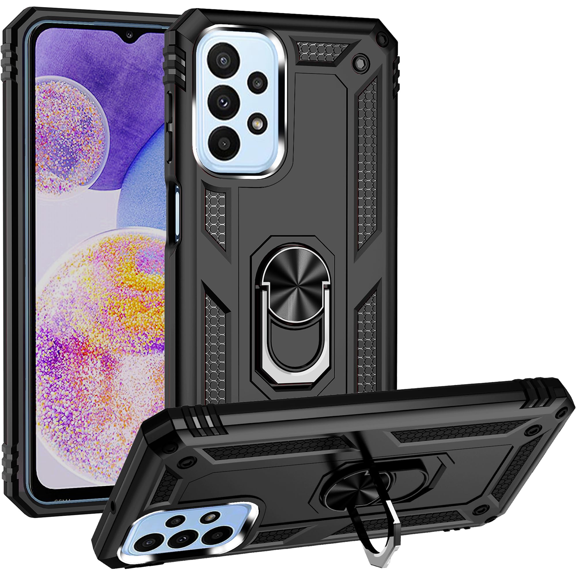 Photo 1 of Dionsibei Military Grade Drop Impact for Samsung Galaxy A23 5G Case 360 Metal Rotating Ring Kickstand Holder Armor Heavy Duty Shockproof Case for Galaxy A23 5G Phone Case (Black)