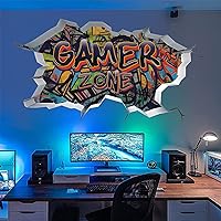CHDITB 3D Broken Wall Gaming Wall Stickers for Boys for Bedroom Accessories,Gamer Zone Wall Decal for Game Room Decor,Graffit