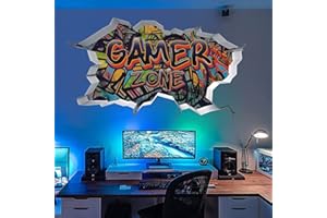 CHDITB 3D Broken Wall Gaming Wall Stickers for Boys for Bedroom Accessories,Gamer Zone Wall Decal for Game Room Decor,Graffit
