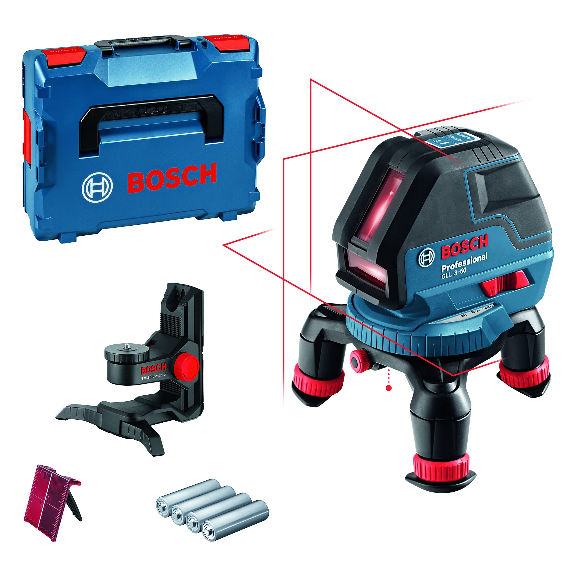 Bosch Professional Laser Level GLL 3-50 (red Professional laser, interior, working range: 10 m, 4 x battery AA, turning mount, BM1 mount, L-BOXX)