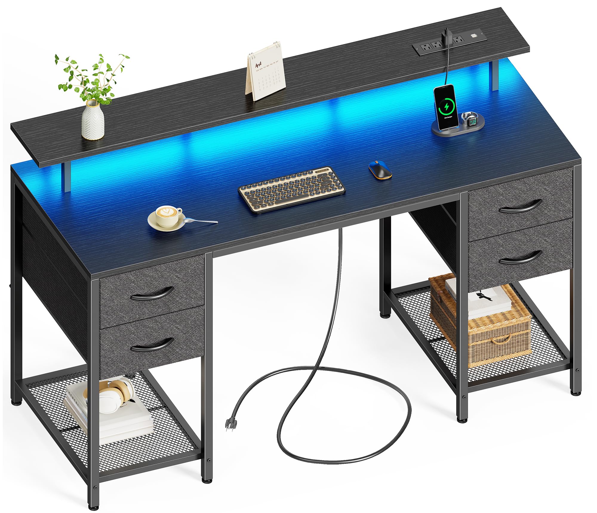 Photo 1 of Huuger 55 inch Computer Desk with 4 Drawers, Gaming Desk with LED Lights & Power Outlets, Home Office Desk with Large Storage Space for Bedroom, Work from Home, Black