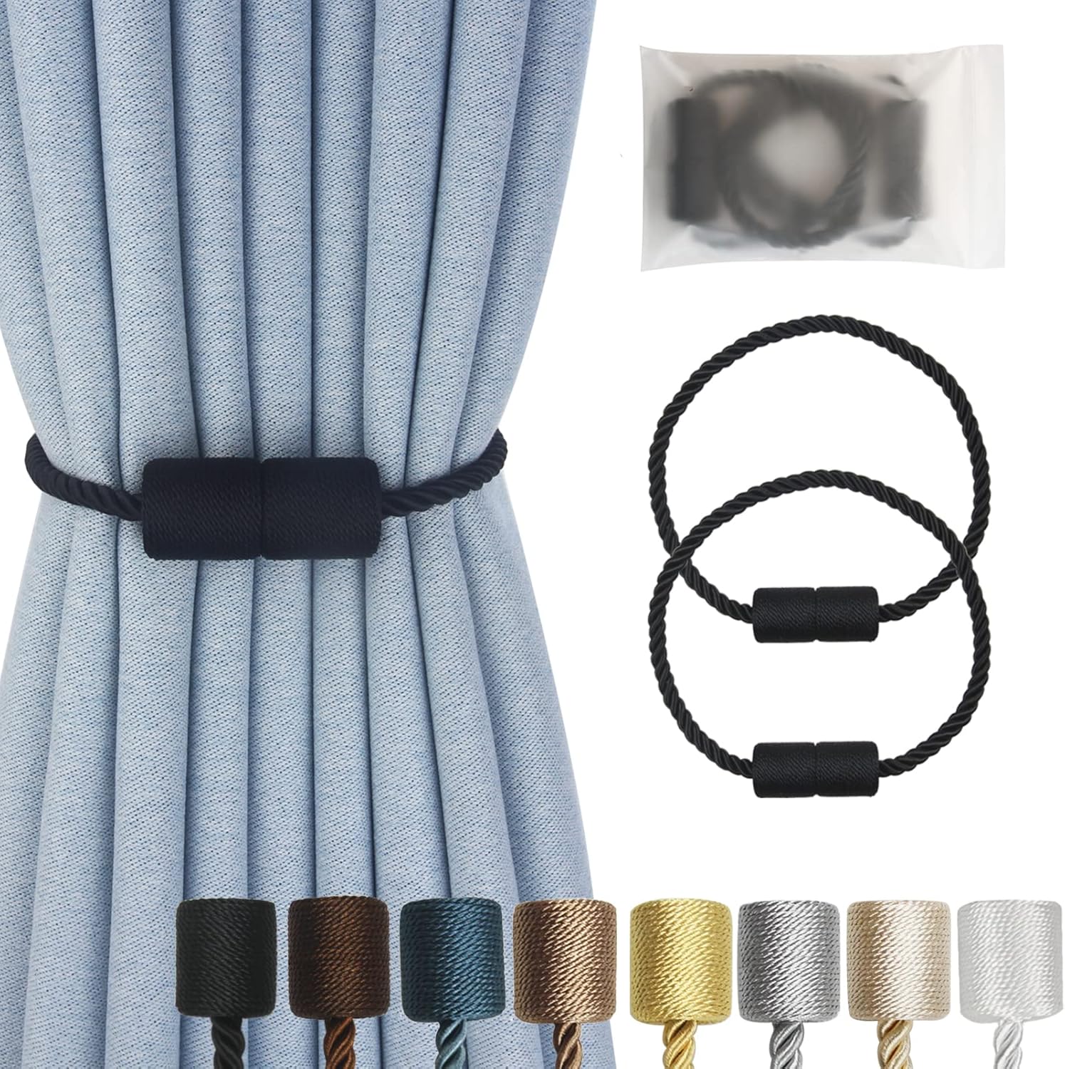 Window Treatment Hardware - Hangtty Magnetic Curtain Tiebacks 2 Pack Black Curtain Rope Tieback Curtain Holders for Drapes Modern Tie Backs Decorative Curtain Holdbacks