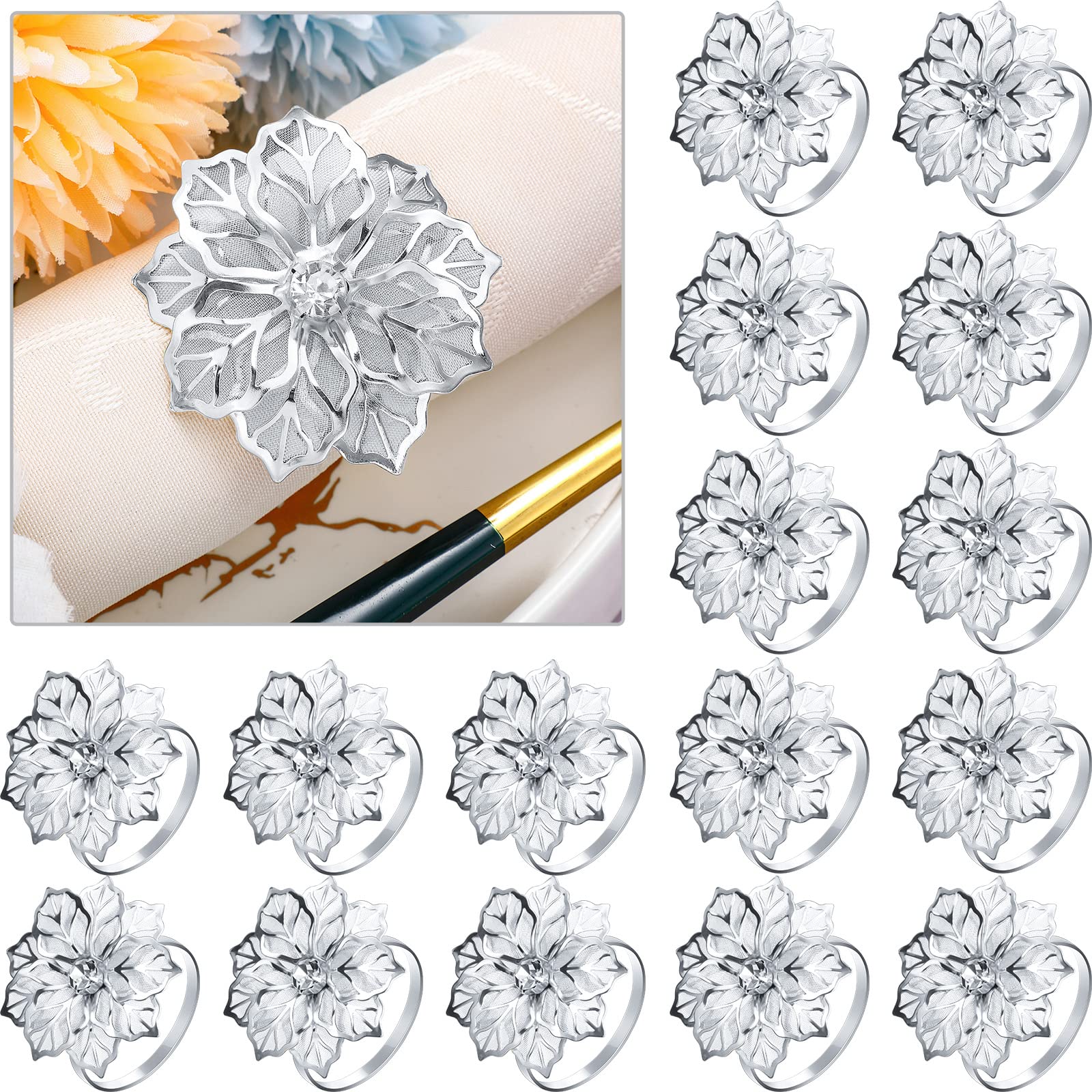 Hotop 24 Pcs Hollow Out Flower Napkin Rings Fall Rhinestone Napkin Holder Set Adornment Exquisite Household for Thanksgiving Day Christmas Wedding Party (Silver)