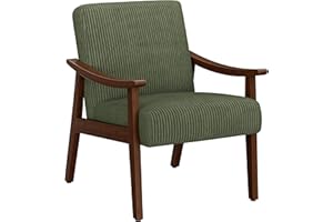 Yaheetech Corduroy Accent Chair, Mid-Century Modern Armchair with Solid Wood Legs, Reading Leisure Chair with High Back for Living Room Bedroom Waiting Room Dark Green