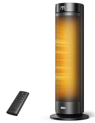 DREO Space Heater for Large Room, 23 Inch Electric Heaters for Indoor Use, 8 Safe Protection Tower, 70° Oscillation, PTC Ceramic with Thermostat and Remote, Quiet, 12H Timer, Bedroom, Office