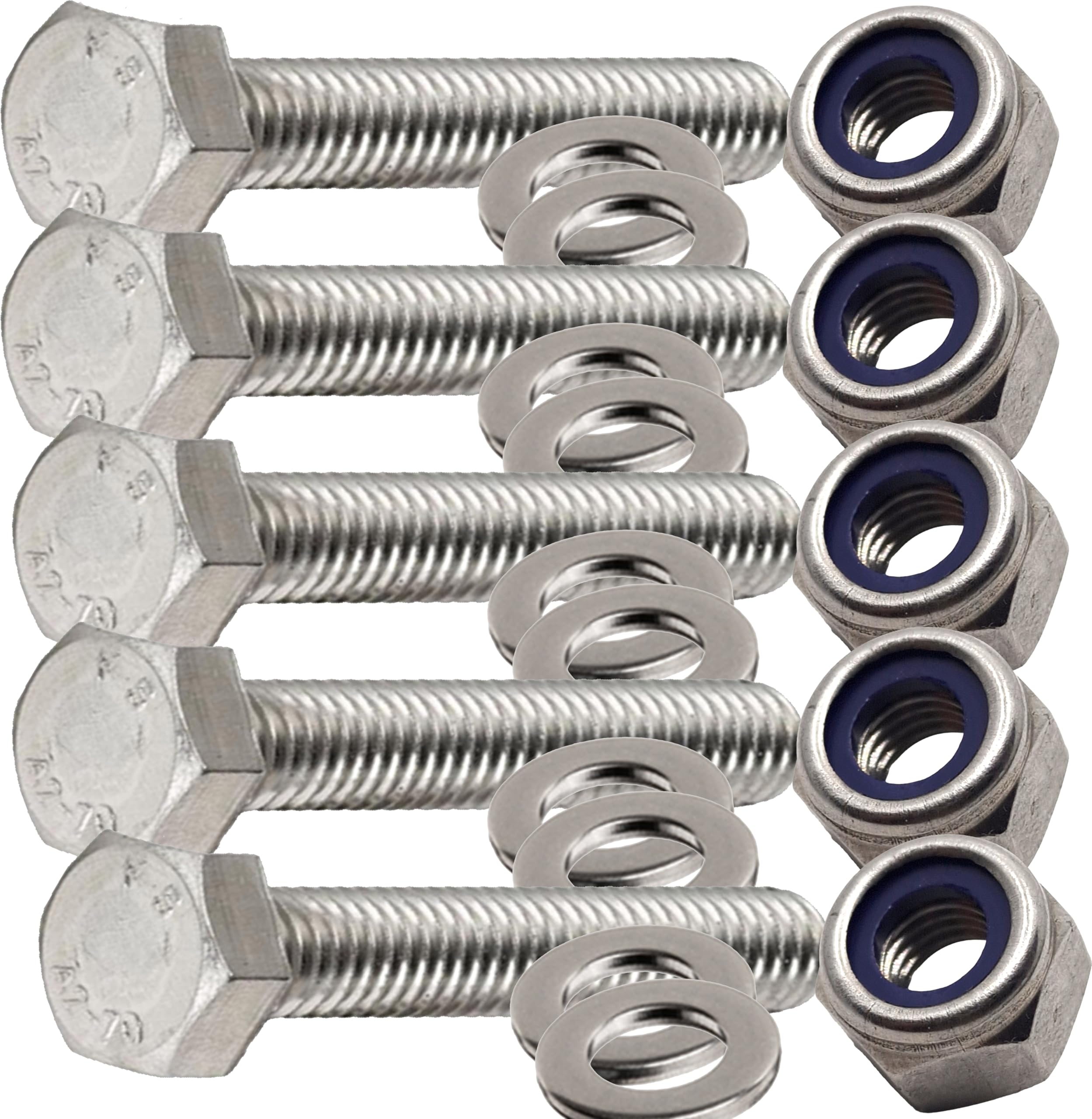 M8 x 60mm Hex Head Bolts Set with Nylon Nuts and Washers Stainless Steel Fully Threaded Bolt (Pack of 5)