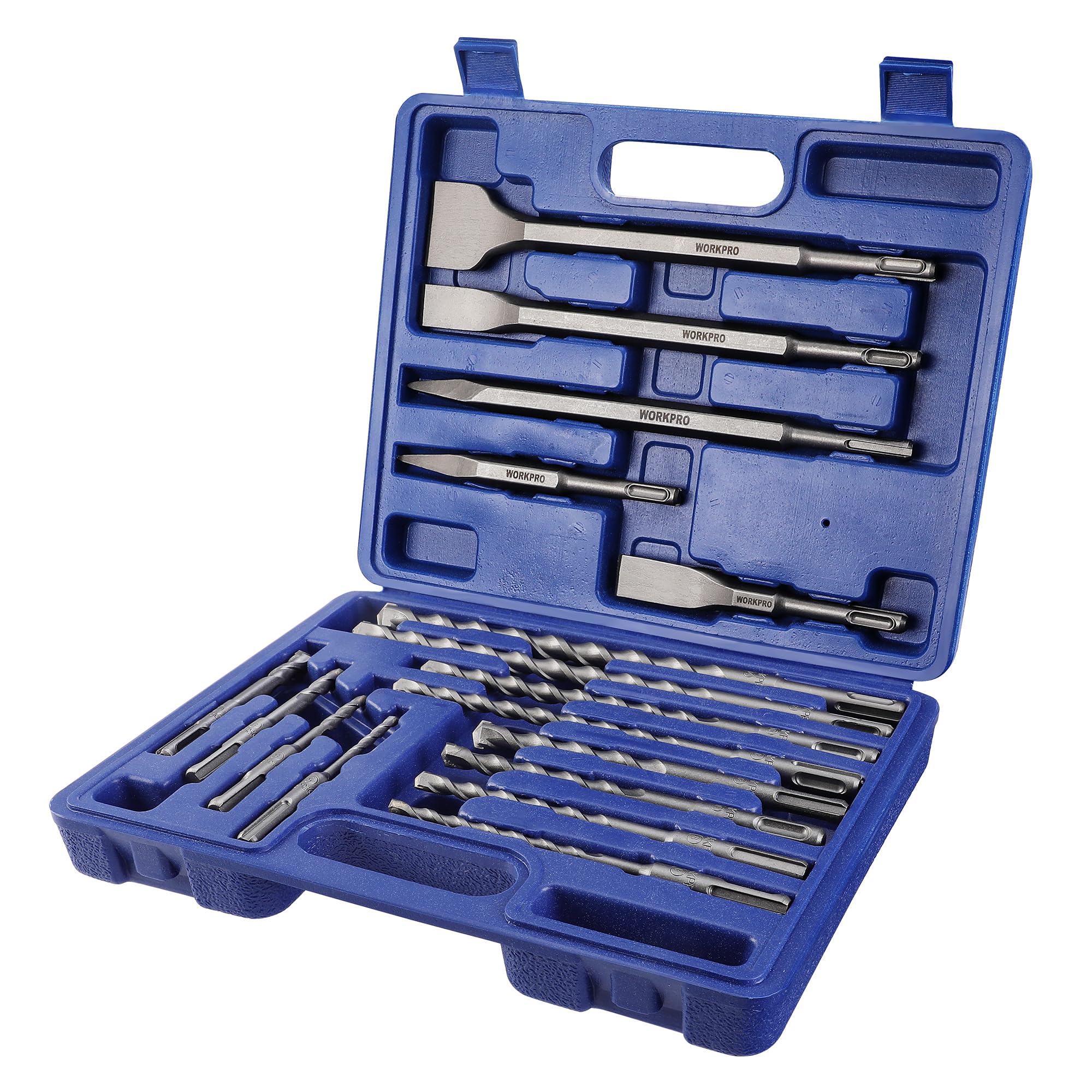 WORKPRO 17-Piece SDS Plus Drill Bit Set with Chisel Bits, Rotary Hammer Drill Accessories for Concrete, Tile, Brick, Cement, Stone and Masonry, Storage Case