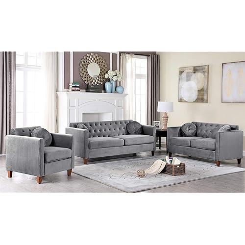 Container Furniture Direct Kitts Classic Chesterfield Upholstered Sofa, Loveseat and Chair Set, Grey