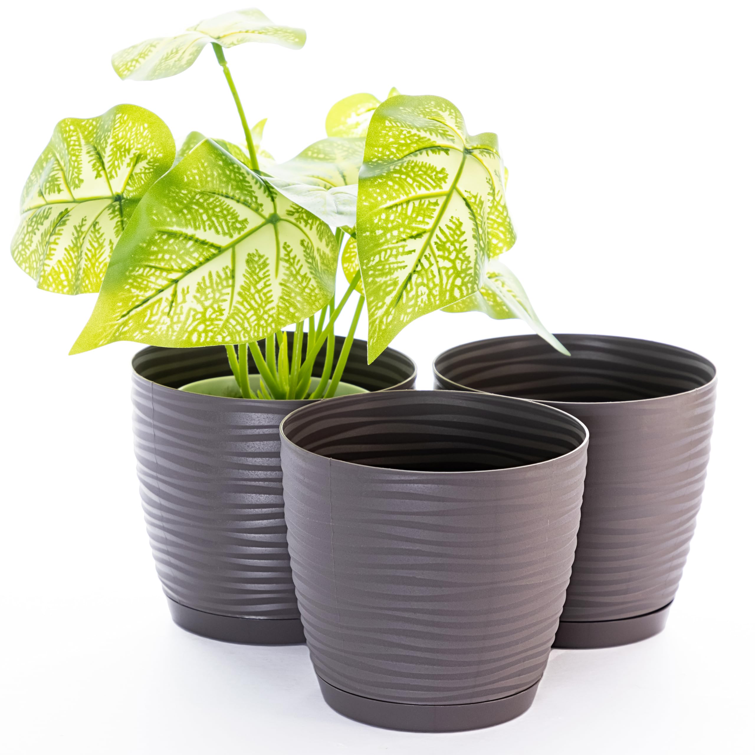 Home Garden Ornaments Wave Plant Pots Indoor, Set of 3 Indoor Plant Pot with 3D Effect, Drainage Holes, and Integrated Saucer, Plastic Flower Pots (Diameter: 13cm, Colour: Plume Stone)