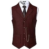 JEMITOP Men's Vintage Slim Fit Suit Vest Formal Prom Party Herringbone Pattern Waistcoat with Chain Detail