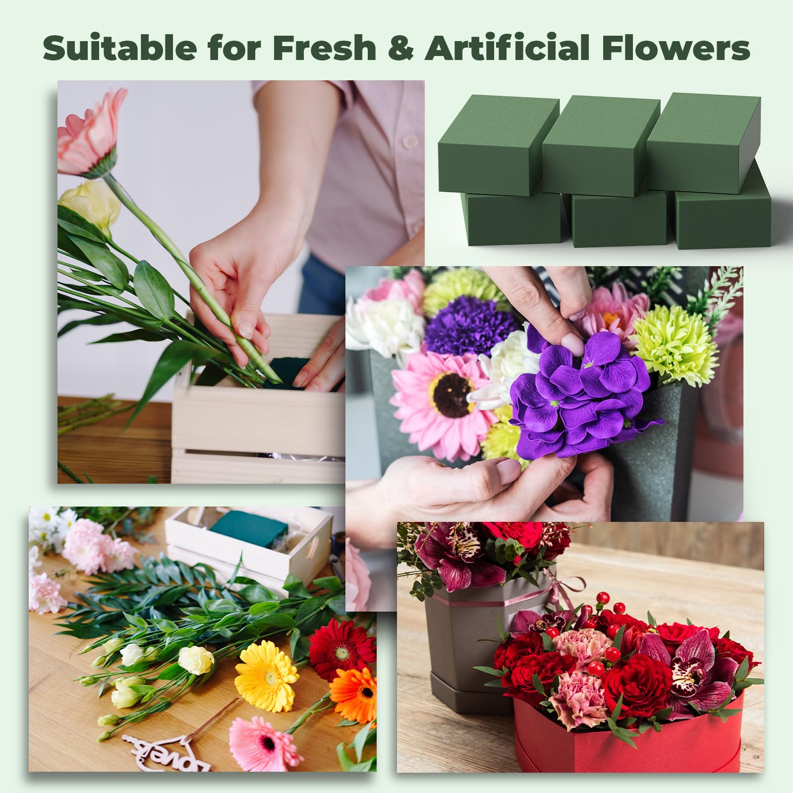 Upgraded 6 Pack Floral Flower Foam Blocks, Green Plant Foam for Flower Arrangements, Wet & Dry Florist Foam Styrofoam for Fresh and Artificial Flowers (5.5