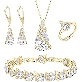 BriLove Jewelry Set for Bride, Sparkling Water Drop Cubic Zirconia Crystal Pendant Necklace Leverback Earrings Tennis Bracelet Adjustable Ring Gift for Wedding/Birthday/Mother's Day/Christmas