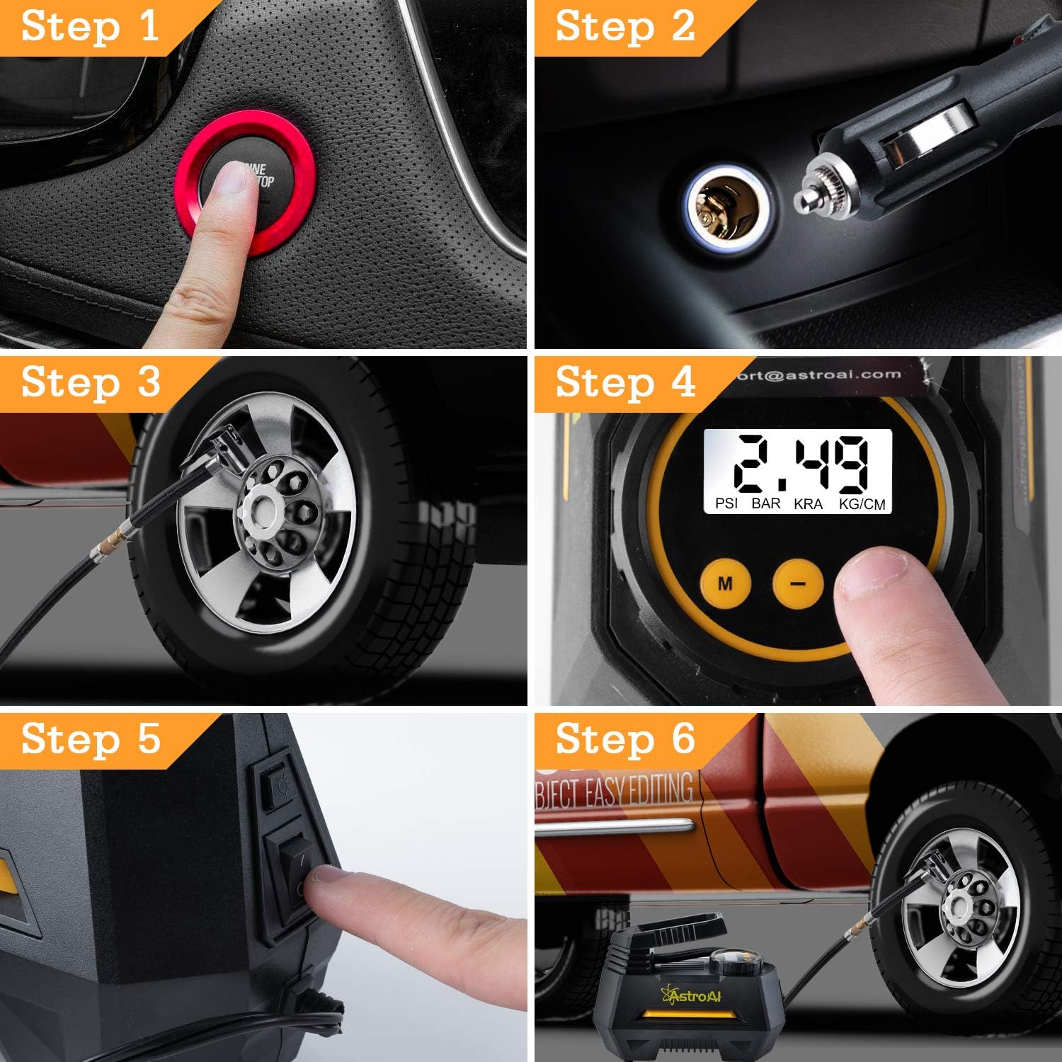 AstroAI Air Compressor Tire Inflator, Portable Air Pump for Car Tires 12V DC Auto Tire Pump with Digital Pressure Gauge, 100PSI with Emergency LED Light for Car, Bicycle and Other Inflatables: Automotive