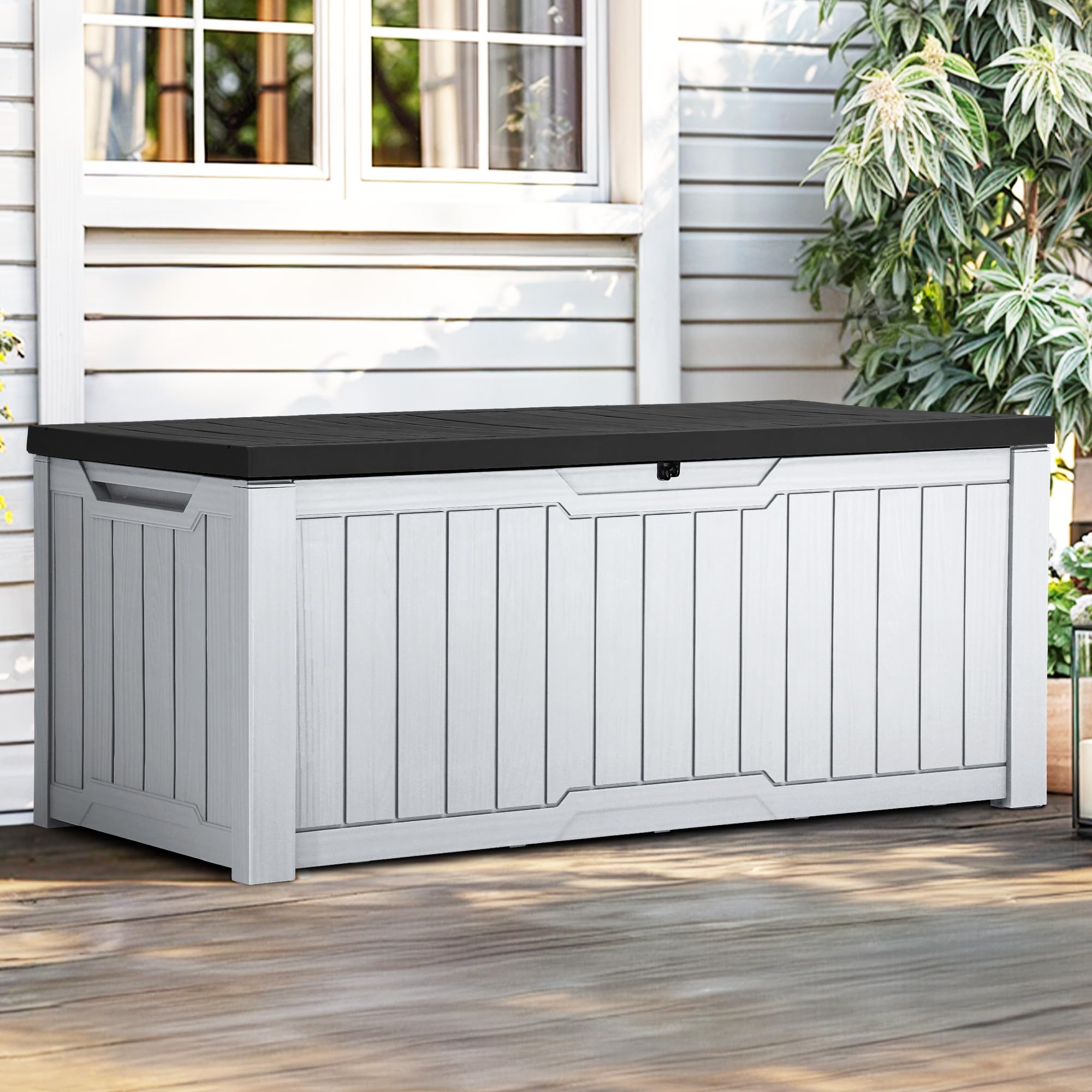 Photo 1 of ***FOR PARTS ONLY** YITAHOME Outdoor Storage Box, 120 Gallon Waterproof Deck Box for Garden Tools, Patio Cushions, and Pool Accessories, Lockable, Easy Assembly, Versatile Bench or Table (Black + White)