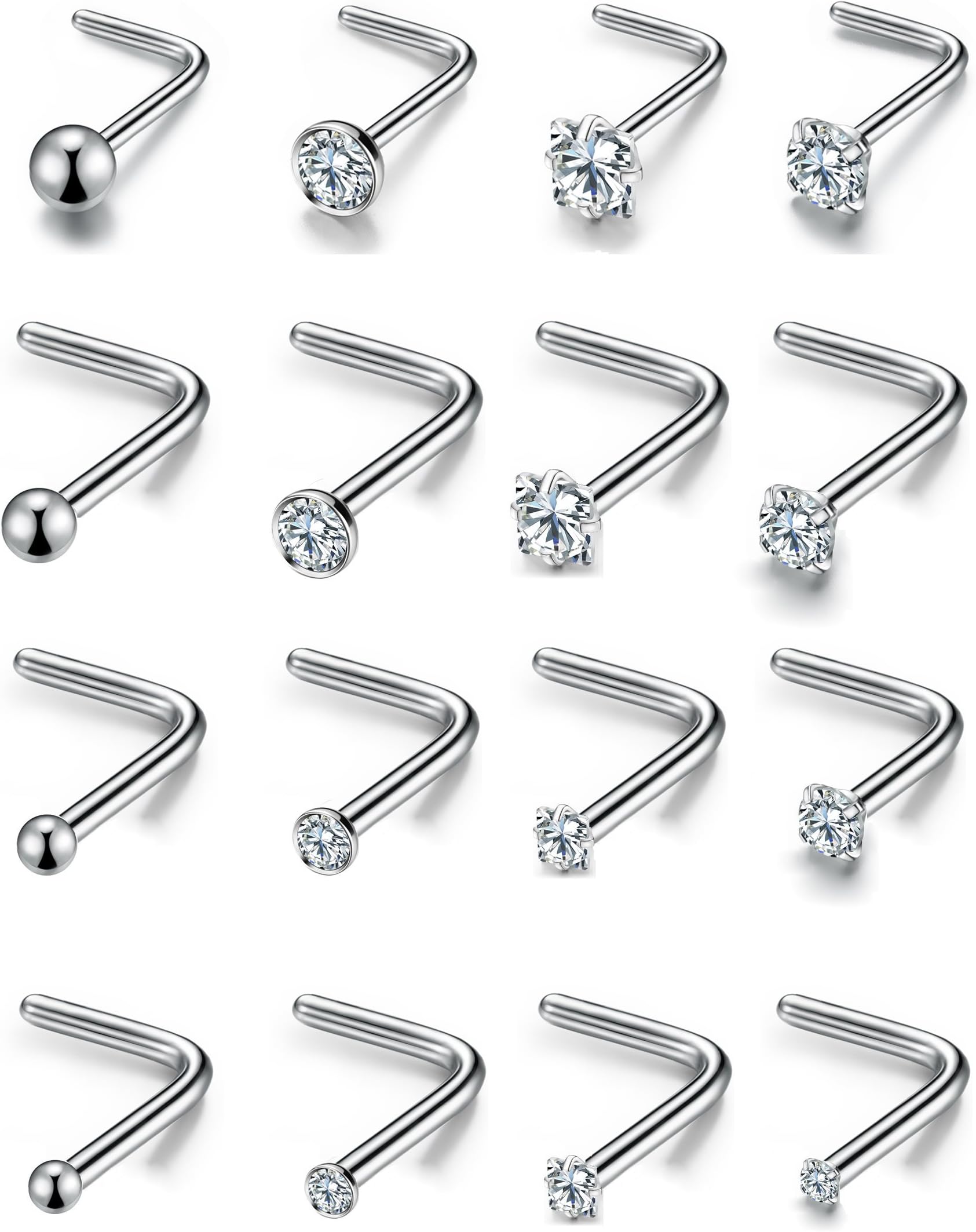 20G 16Pcs Stainless Steel Stud Nose Ring CZ L Shape Nose Body Piercing for Womens Mens