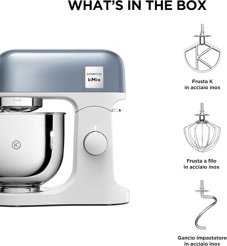 KMX760BL KMIX Impastatrice Planetaria con Ciotola con manico in Acciaio da 5L, 3 Ganci di Miscelazione, Potenza 1000W, Personalizzabile con oltre 20 Accessori Acquistabili Separatamente, Blu